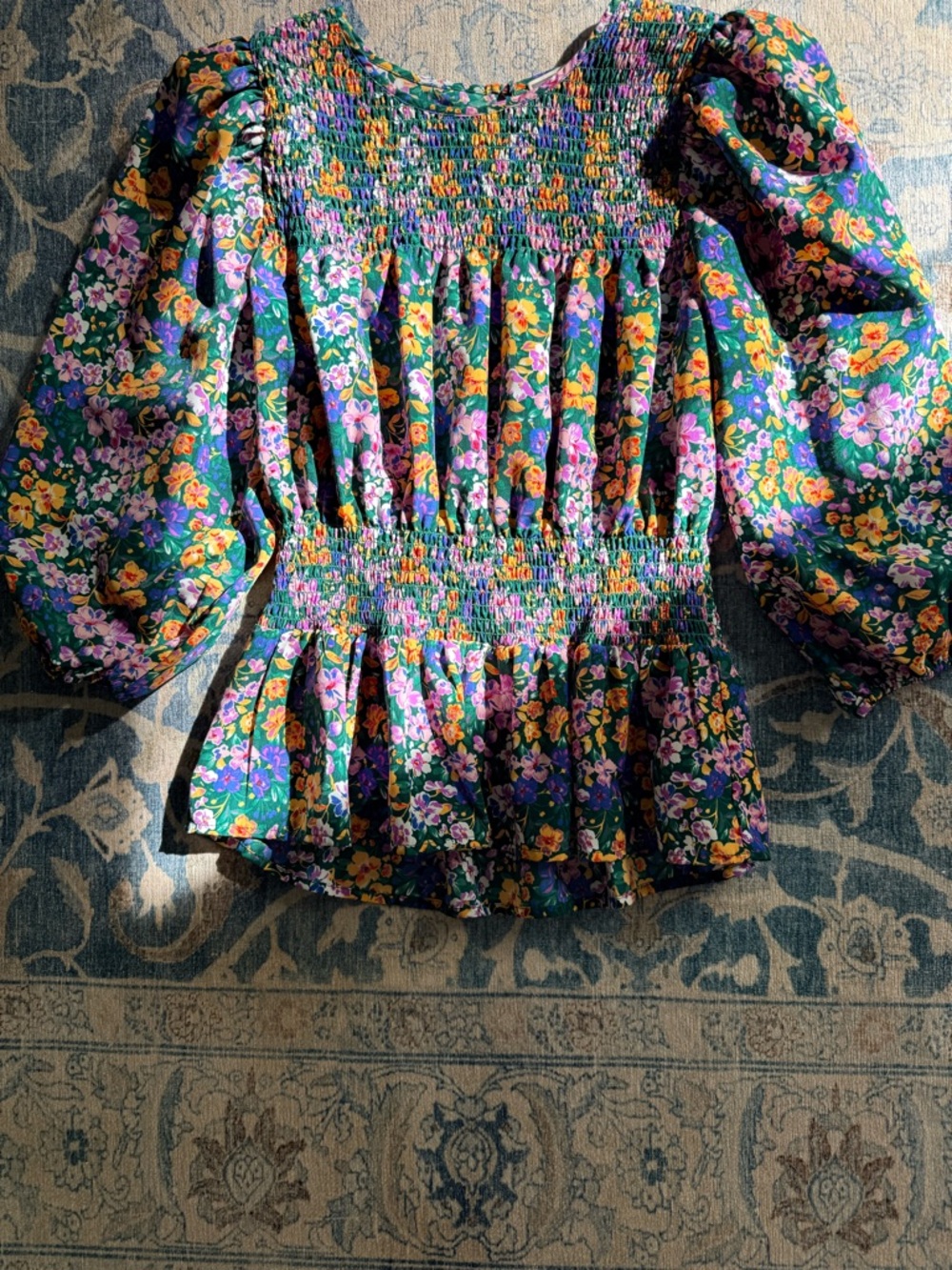 Pleione Green Floral Smocked Top with Purple & Yellow Blooms